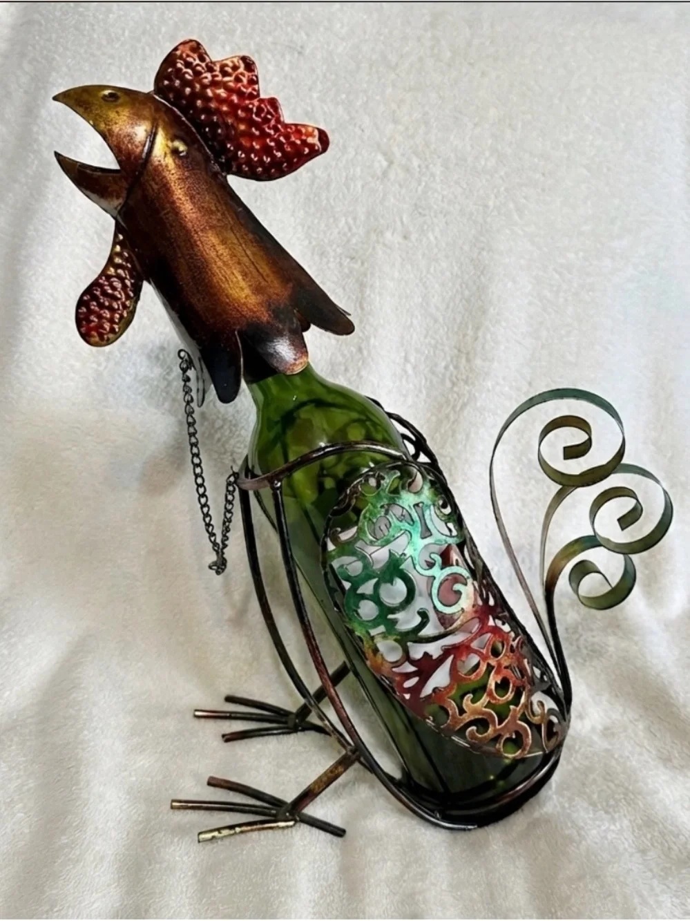 Maximalist Metal Rooster Wine Bottle Holder Y2K Kitchen Retro Decor Caddy